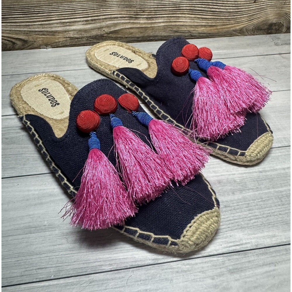 NEW Tonivis Blue Pom Pom Espadrille Mules Flats Women Size 7